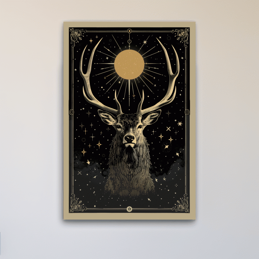 Elegant deer head under the night sky, tarot card style art
