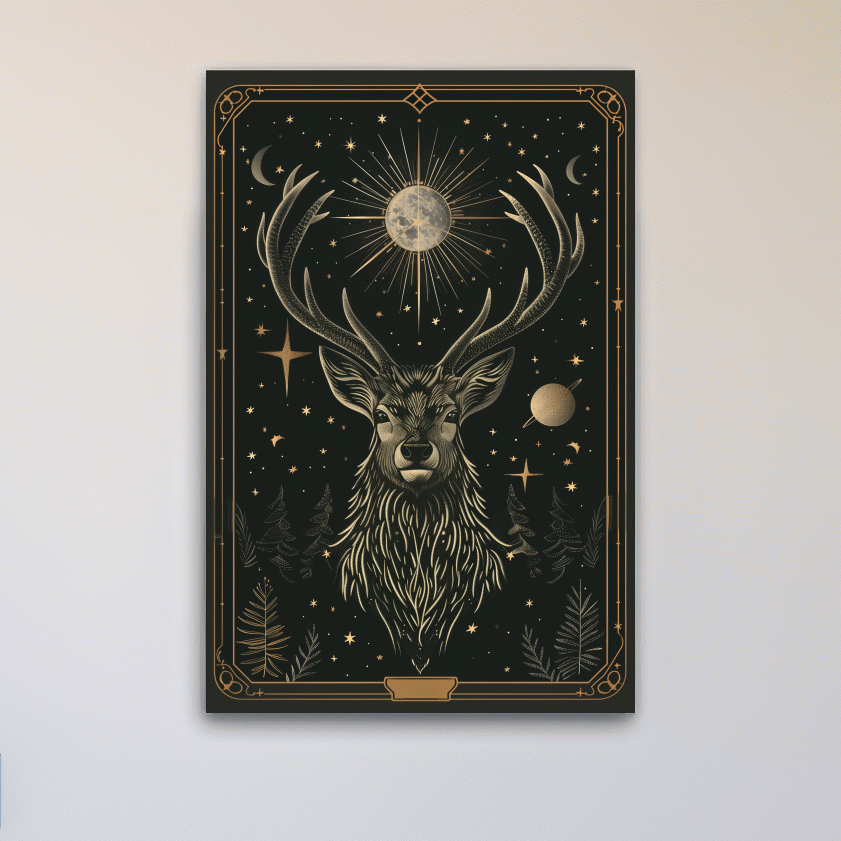 Elegant deer head tarot card style art, planetary solar system