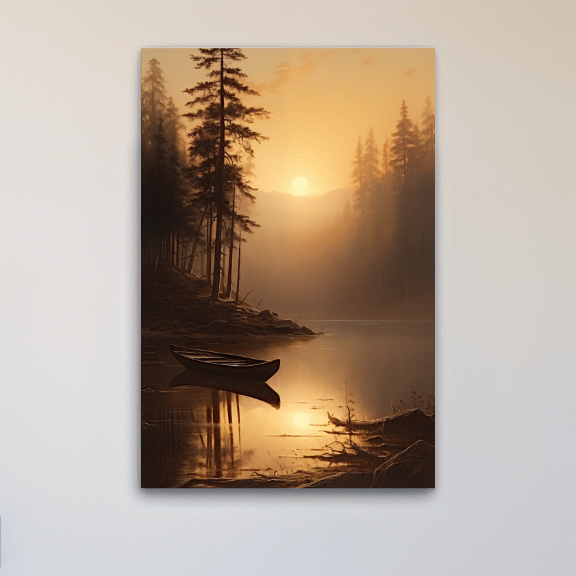 Misty Golden Lake Sunrise With Canoe - Serene Pine Forest Mountain Landscape Wall Art