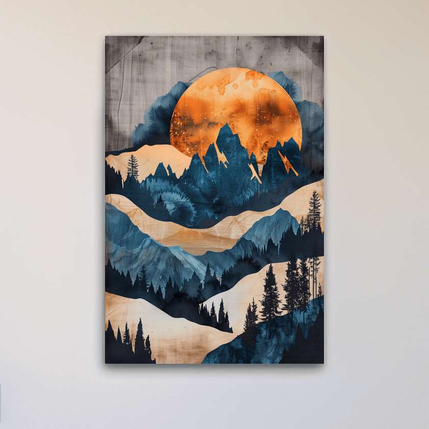 Abstract mountain and forest artwork at sunset, mixed media watercolor style art
