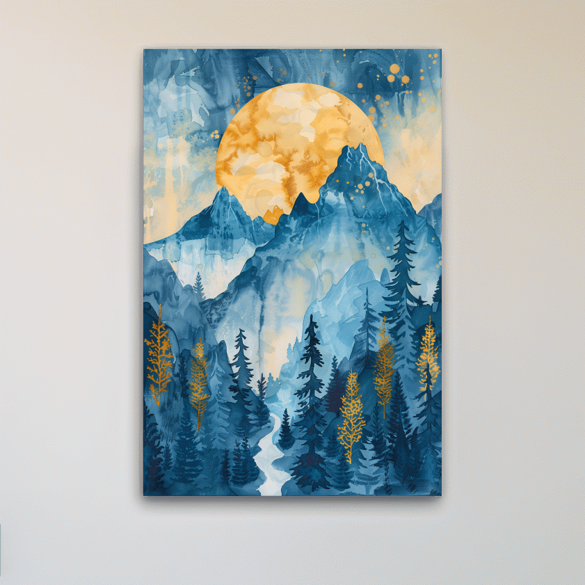 Alpine Sunset Watercolor Painting - Mountain Forest Landscape Wall Art