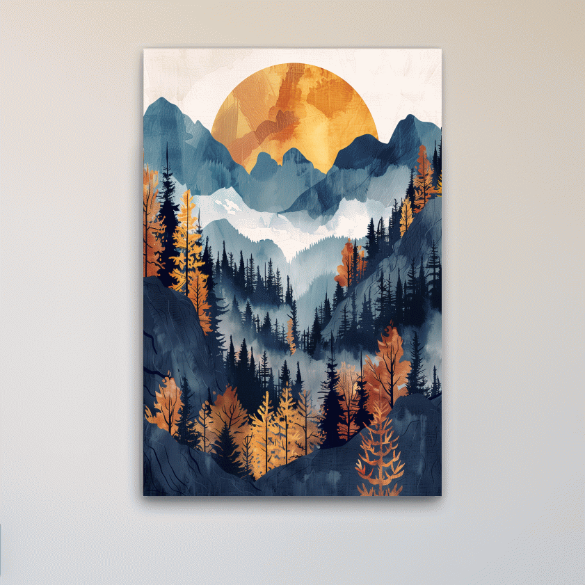 Foggy forest artwork, sunset over the mountains, textured watercolor style painting