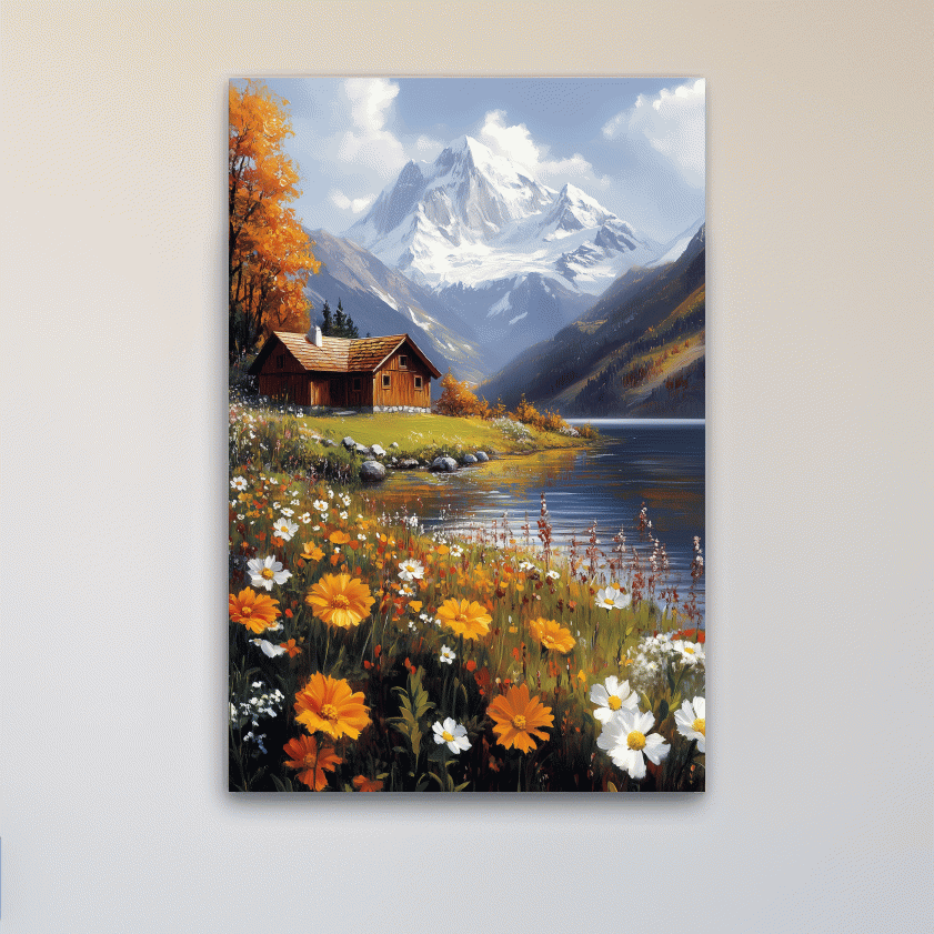 Impressionist painting of a lakeside cabin in the alpine meadows beneath a glacier
