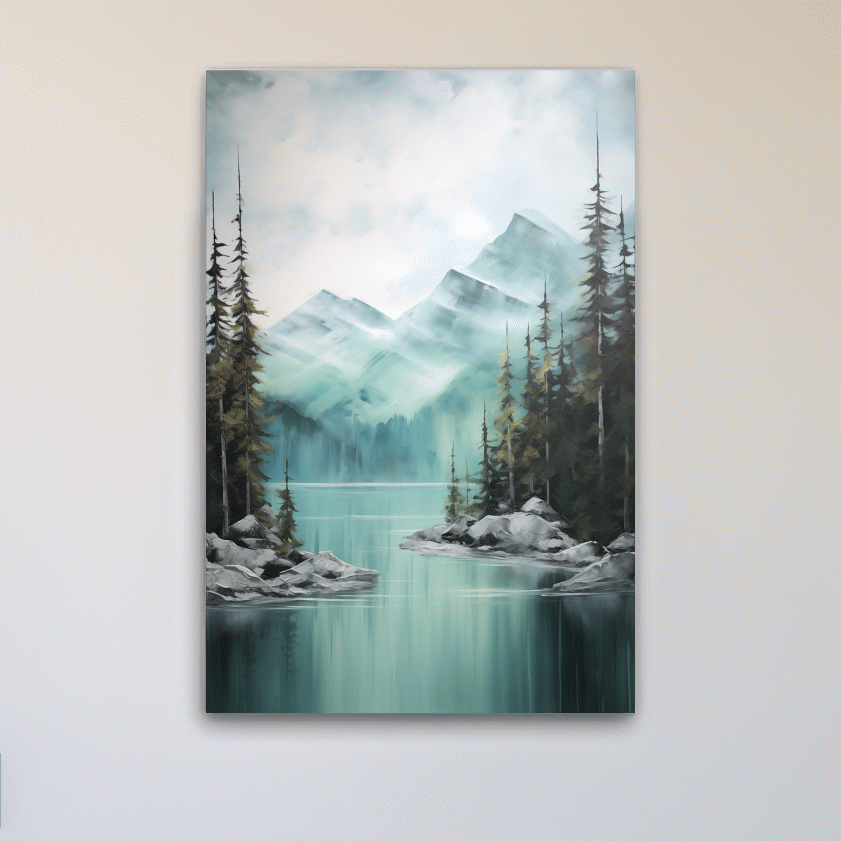 Misty Turquoise Mountain Lake Landscape - PNW Watercolor Forest Wall Art