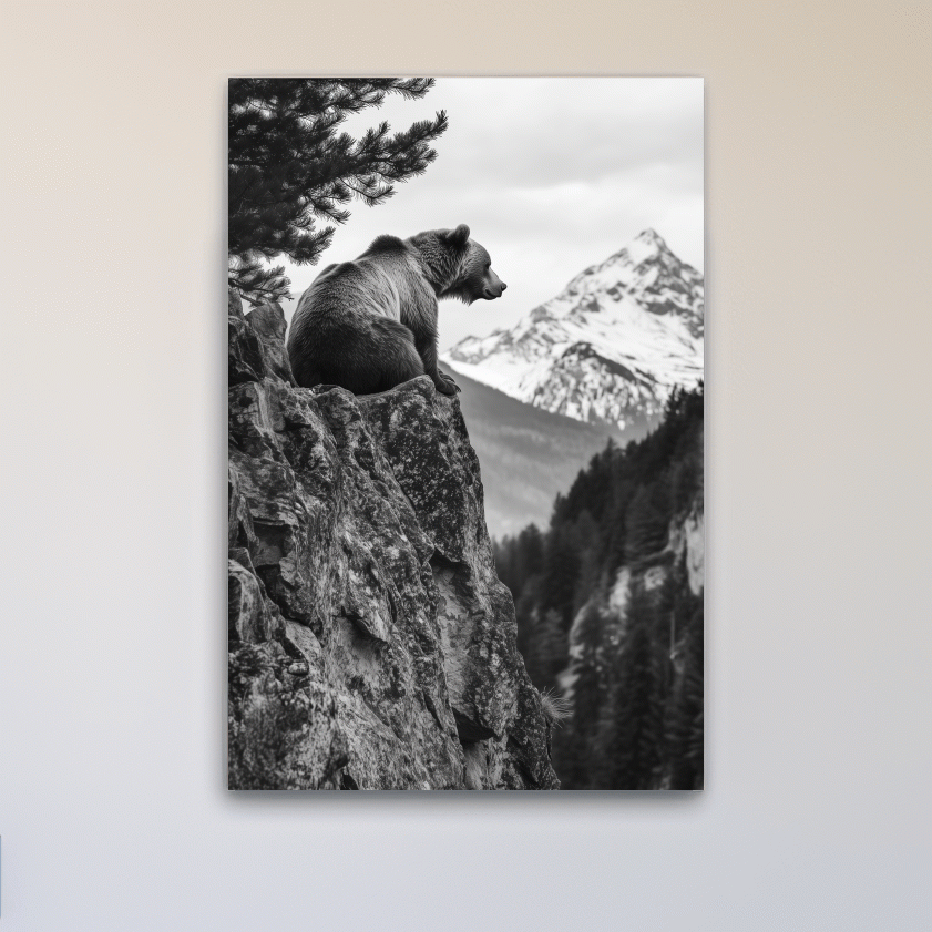 Grizzly bear taking in a mountain view, photographic wildlife wall art