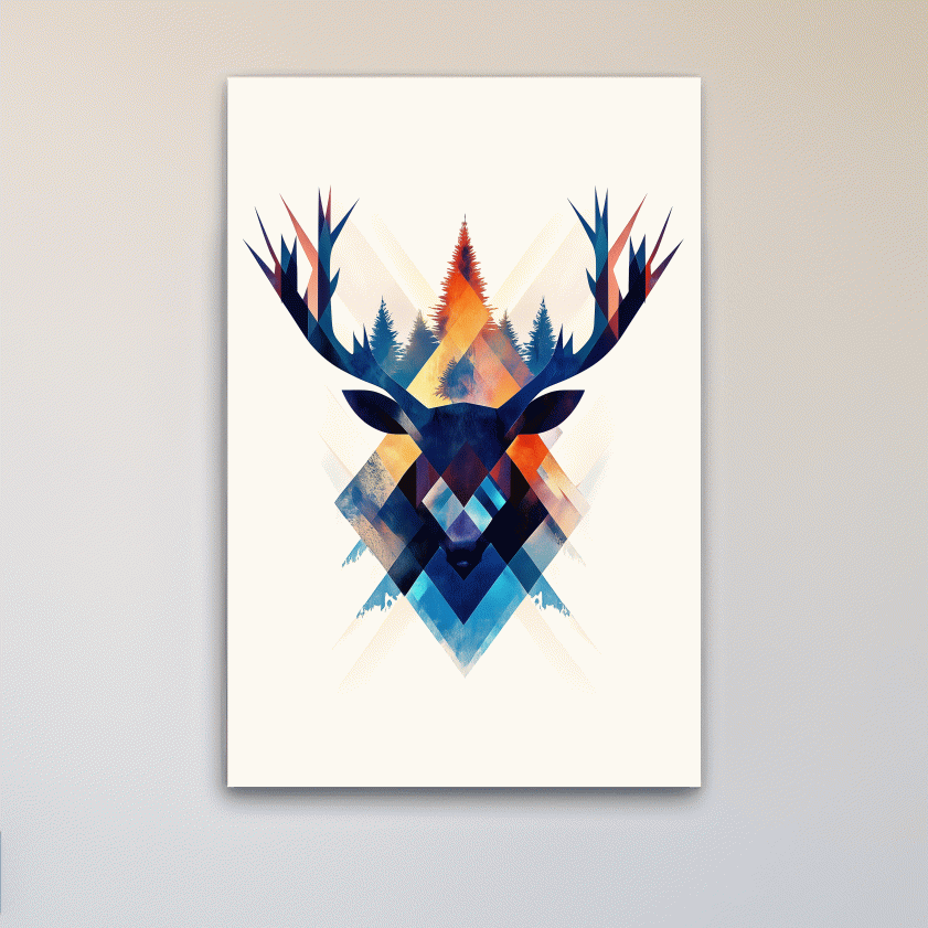 Geometric Watercolor Deer Head Silhouette - Modern Wildlife Forest Wall Art