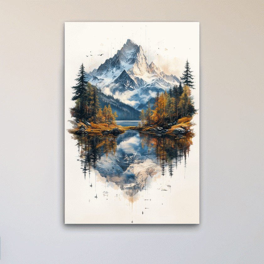 Alpine lake painting, tattoo inspired mountain glacier wall art