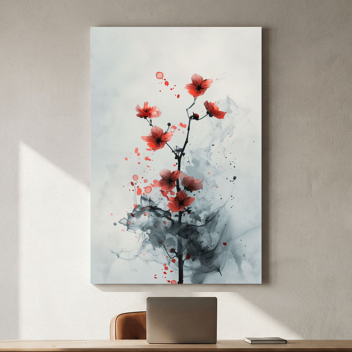 Red Cherry Blossom Ink Wash Painting - Minimalist Floral Wall Art