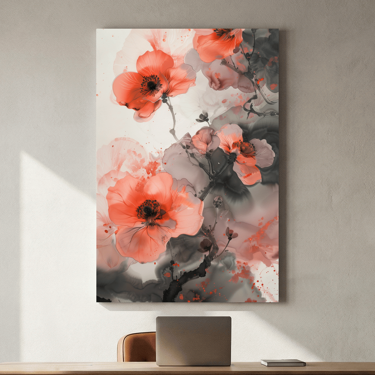 Poppy Blossom Ink Wash Painting - Floral Botanical Watercolor Artwork