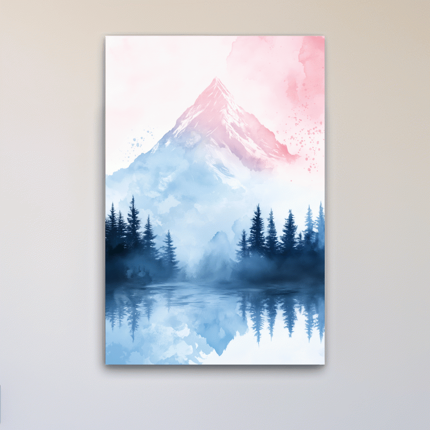 Dreamy Watercolor Alpine Lake Reflection - Pastel Forest Wall Art