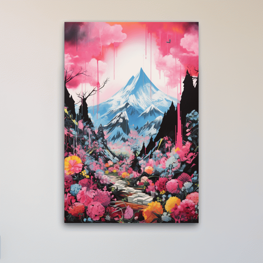 Energetic illustration of pink alpine flowers by a glacier