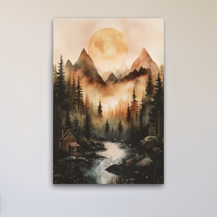 Alpine lake cabin painting, rustic watercolor effect, forest and mountains