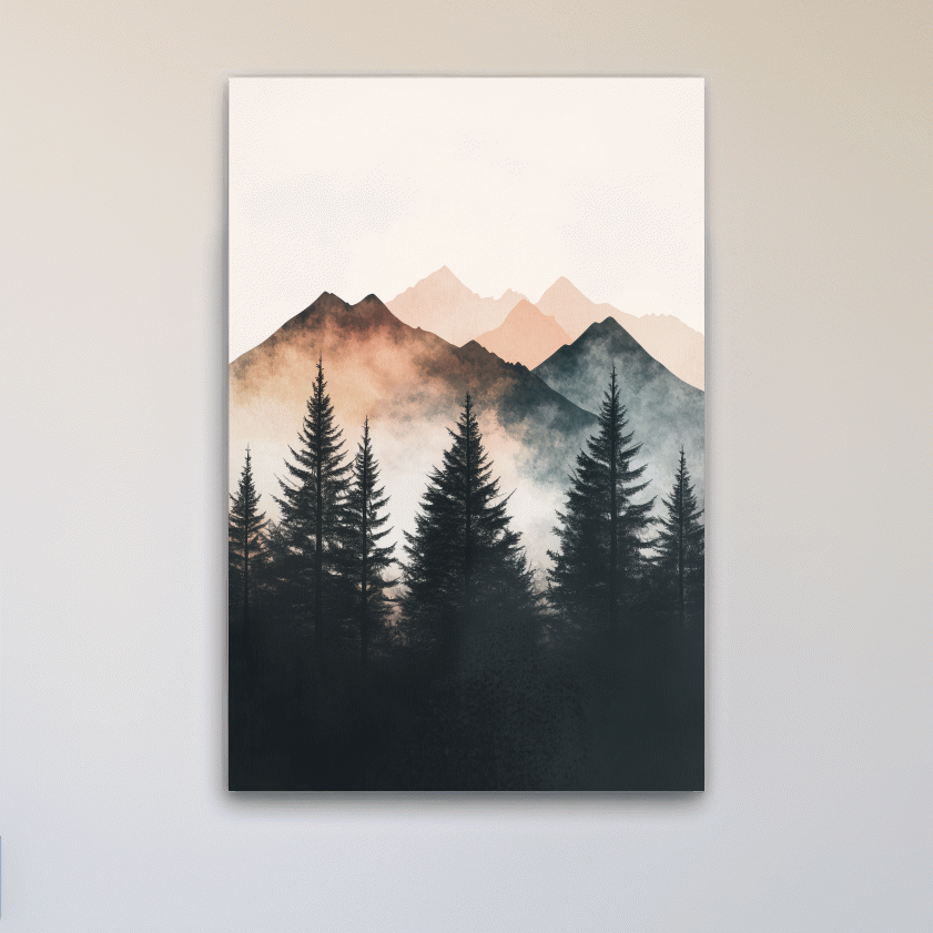 Foggy alpine forest watercolor painting, mountain art