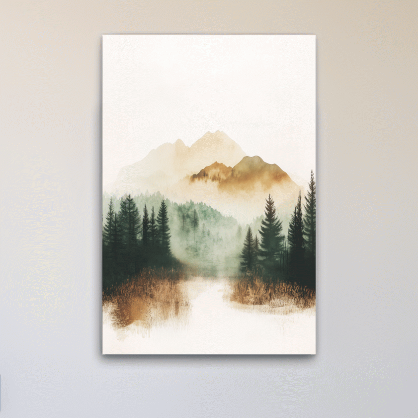 Foggy alpine forest painting, minimal watercolor wall art