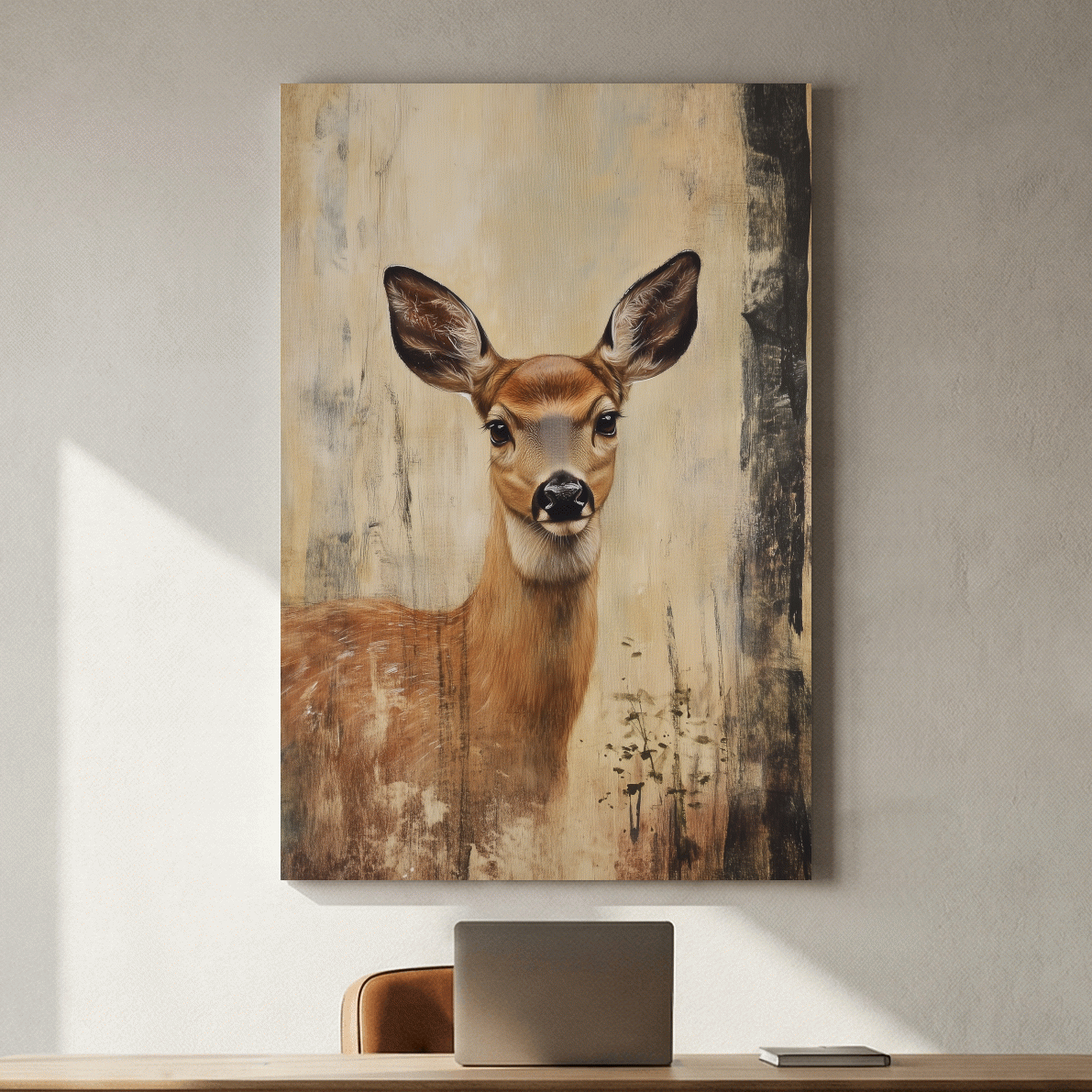 Rustic Whitetail Fawn Portrait Painting - Woodland Wildlife Wall Art