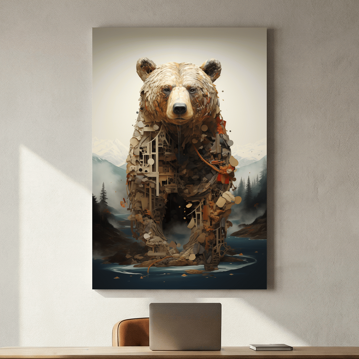Surreal Grizzly Bear Collage Illustration - MC Escher Style Wildlife Wall Art