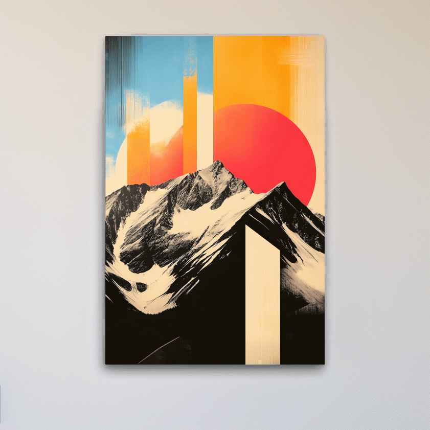 Retro Snowcapped Mountain Sunset Collage - Modern Geometric Landscape Wall Art