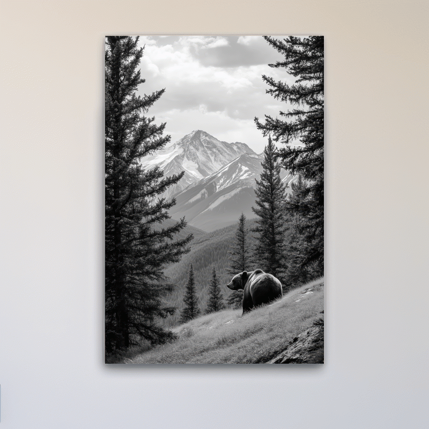 Black And White Grizzly Bear Alpine Meadow - Wilderness Nature Photography Wall Art