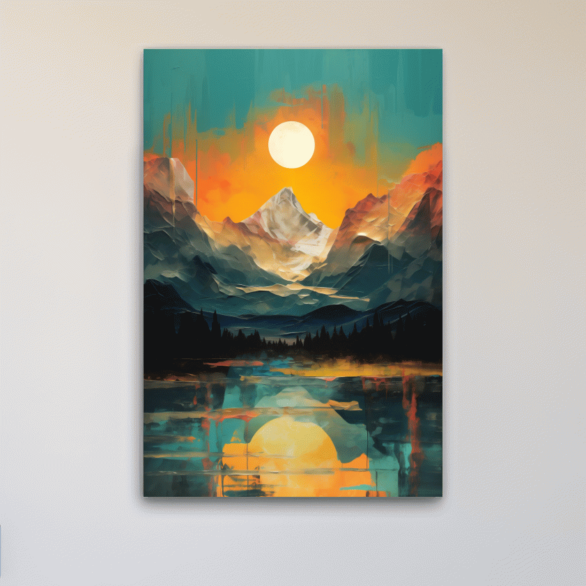 Vibrant Abstract Mountain Lake Sunset - Colorful Landscape Wall Art