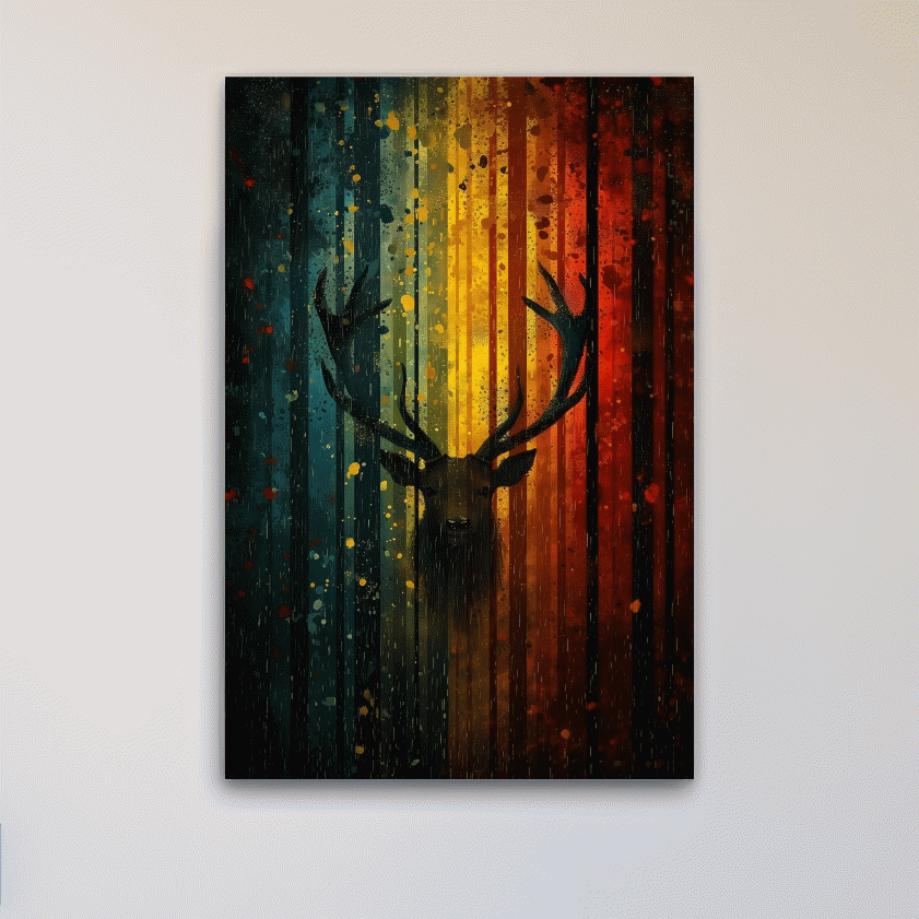 Abstract deer in a forest silhouette artwork, rainbow colours