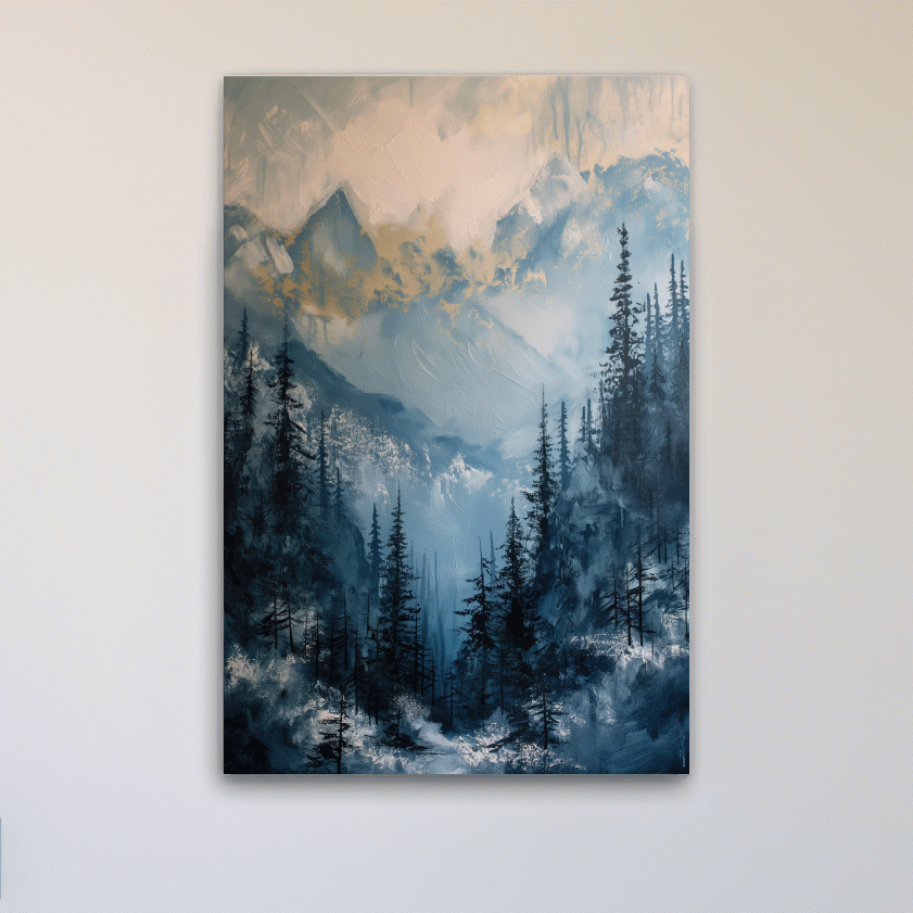 Moody Misty Blue Mountain Forest Painting - Textured Alpine Landscape Wall Art