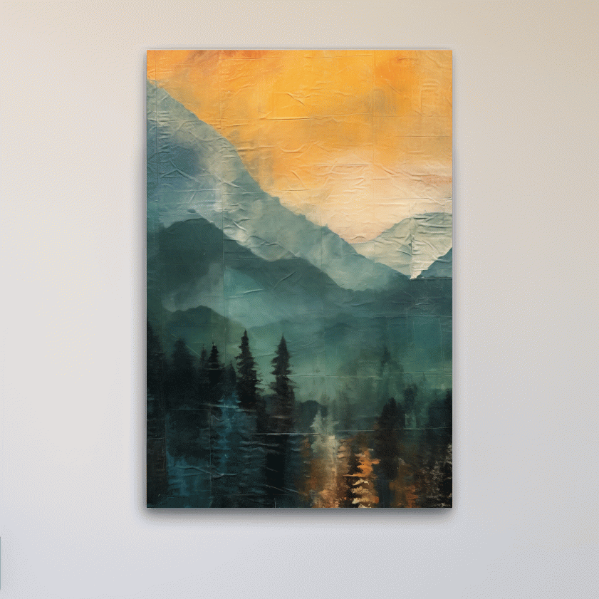 Rustic textured style art, mountains at sunset