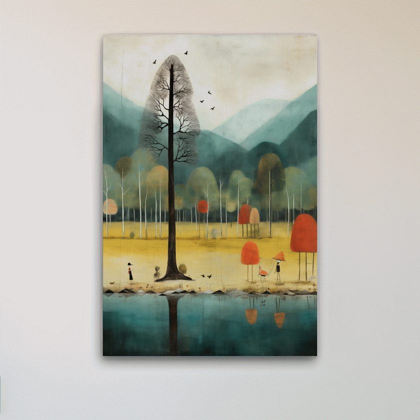 Quirky characters by a lake in fall, textured painting effect, whimsical autumn forest wall art print