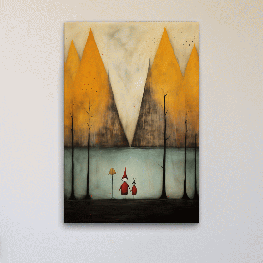 Quirky painting of people by a lakeside mountain scene in fall, whimsical forest scene artwork