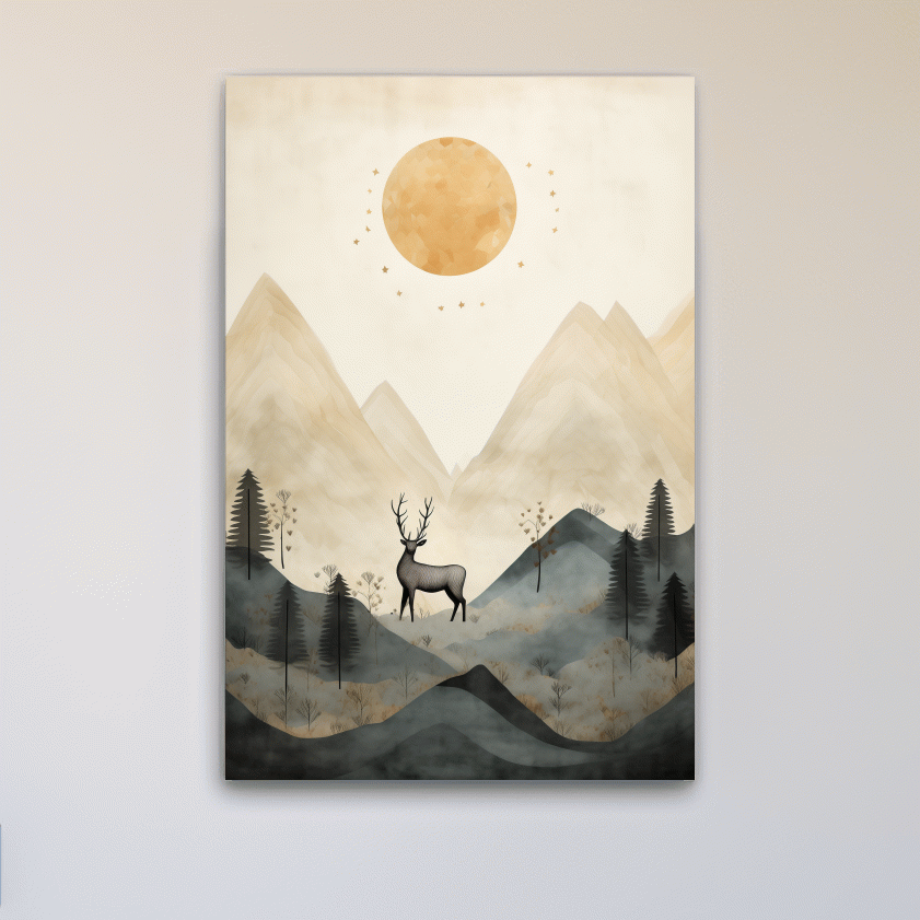 Deer standing in the forest under the night sky, quirky illustration art