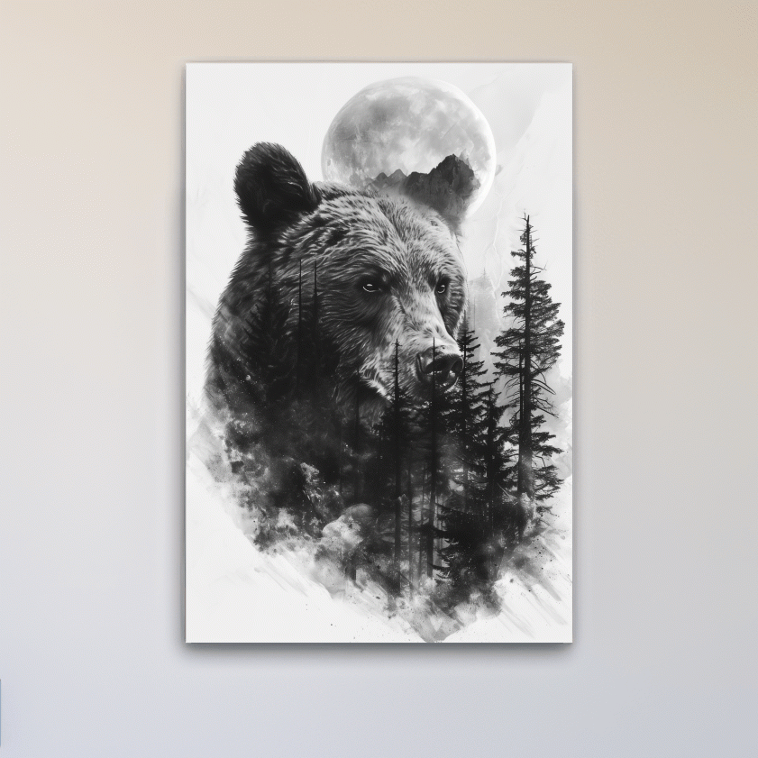 Drawing artwork of a bear, forest and moon, double exposure charcoal drawing style