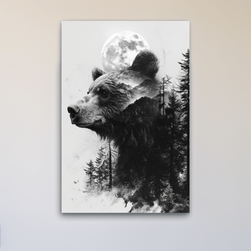Grizzly Bear Double Exposure Drawing - Moonlit Pine Forest Wildlife Wall Art