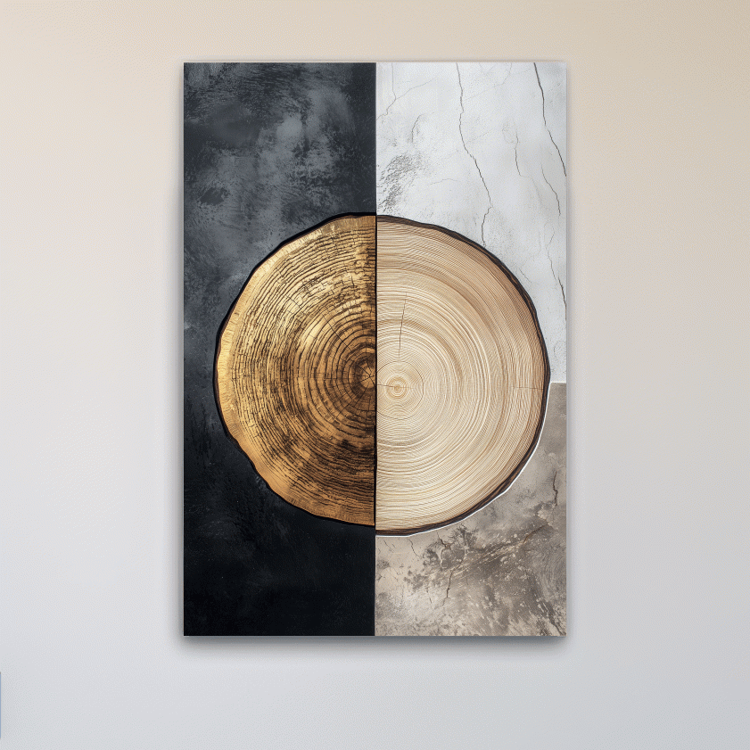 Split Marble And Charcoal Wood Slice - Modern Rustic Tree Ring Wall Art