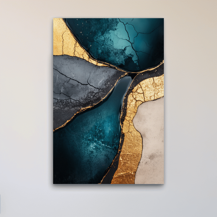 Elegant wall art, gold and teal cracked natural texture elements