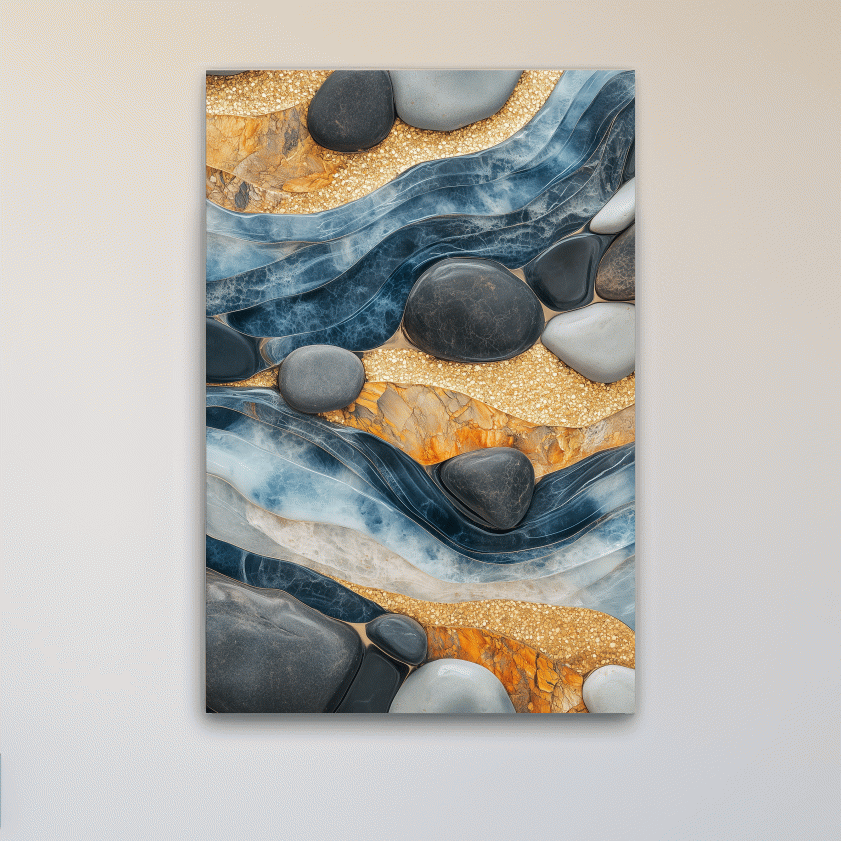 Natural stone and river rock wall artwork, abstract layered design