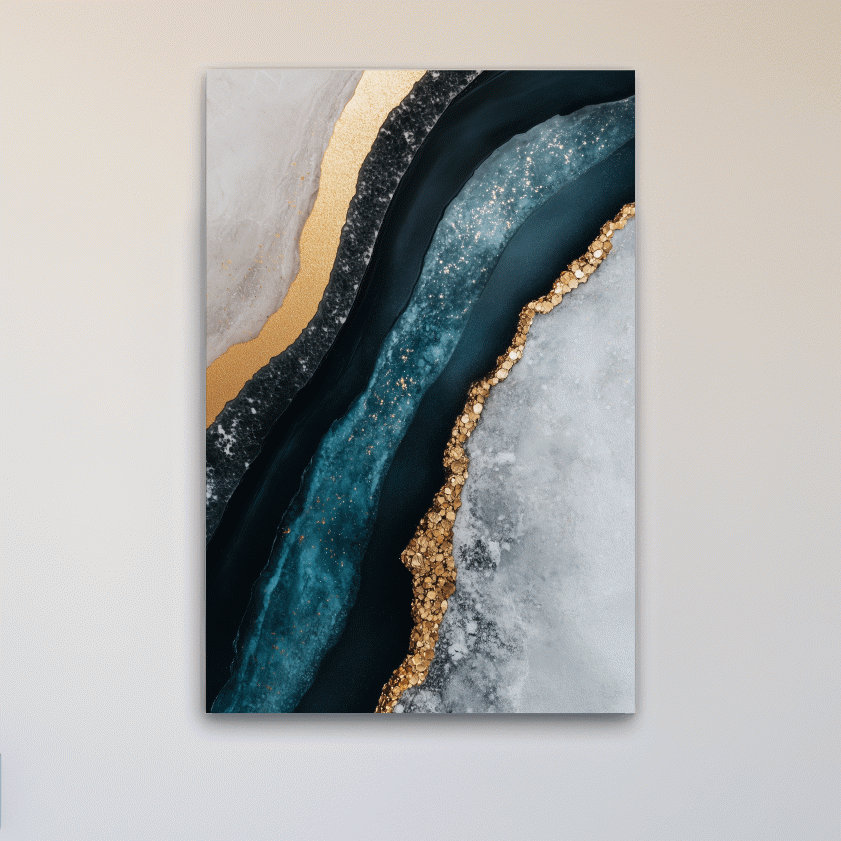 Elegant abstract geode artwork, blue and gold natural textured wall art