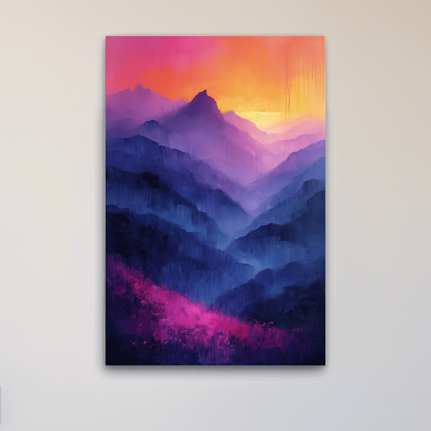 Colorful mountain sunset artwork, vibrant oil painting effect