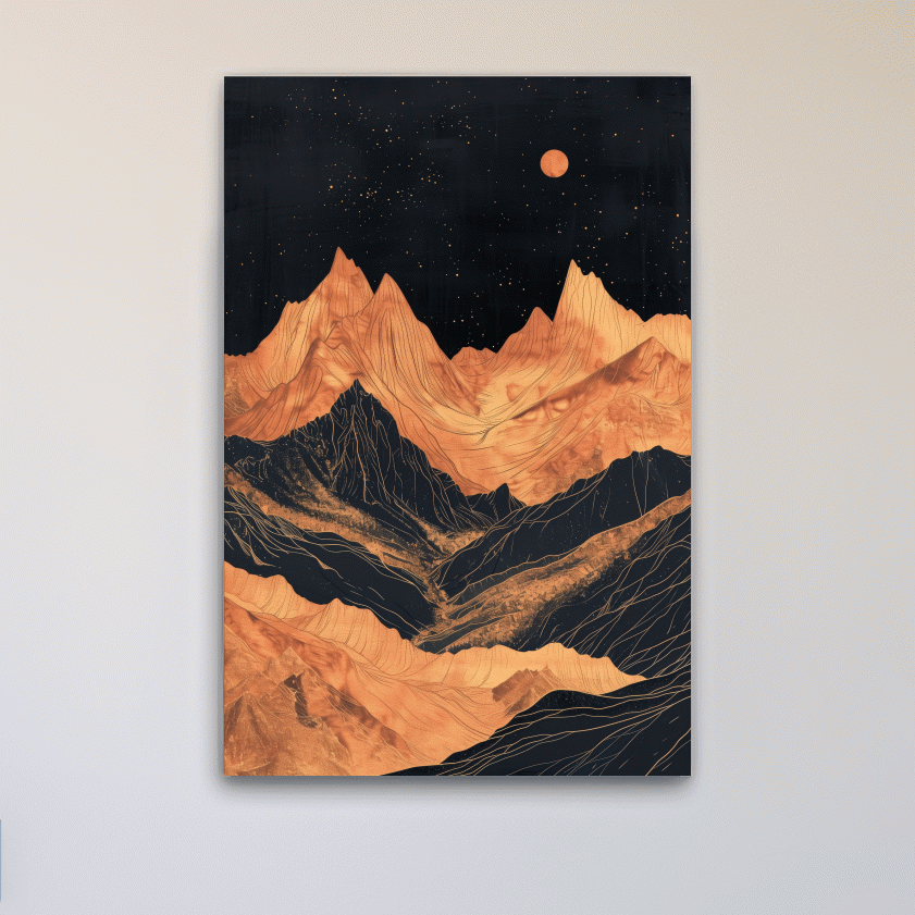 Moonlit elegant mountain artwork, metallic block print effect