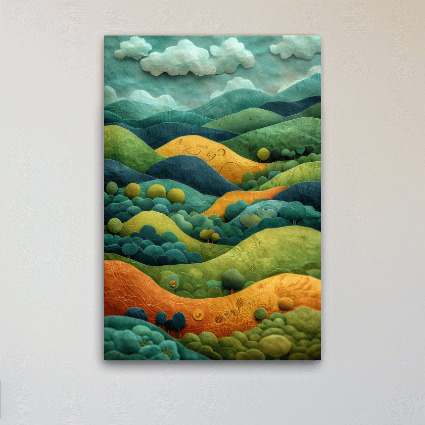 3D Layered Paper Cut Style Mountain Artwork - Whimsical Surreal Landscape Wall Art