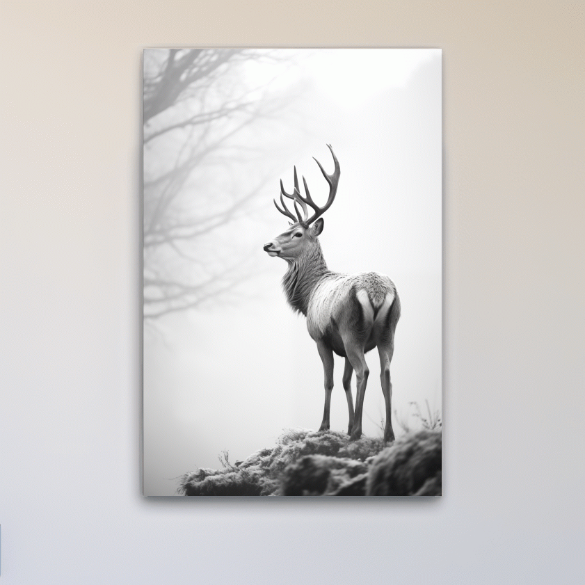 Black and white photograph of a majestic deer on a winter morning, serene wildlife artwork