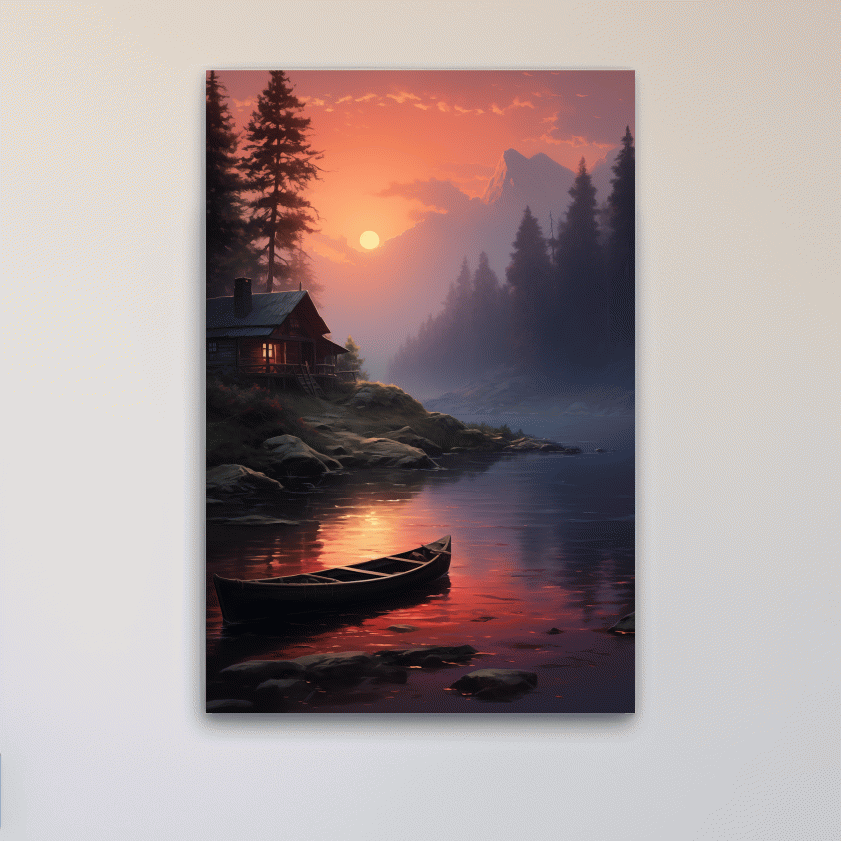 Beautiful painting of a cabin on a misty lake at sunset