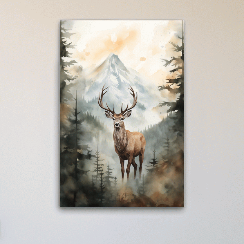 Watercolour painting of a deer standing in a misty forest