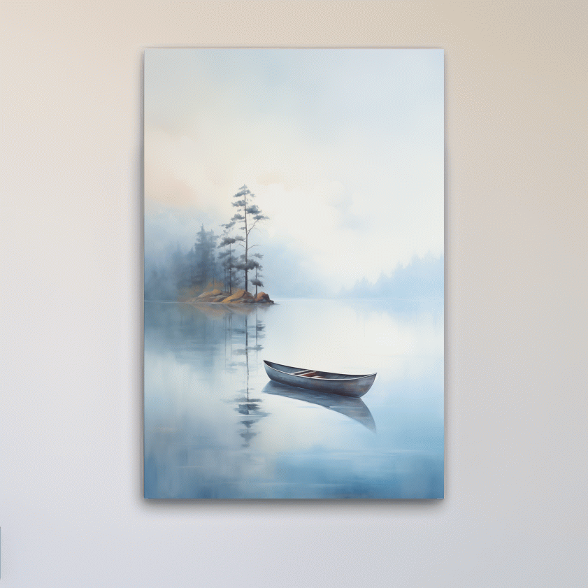 Misty Lake Canoe Painting - Serene Minimalist Watercolor Wall Art