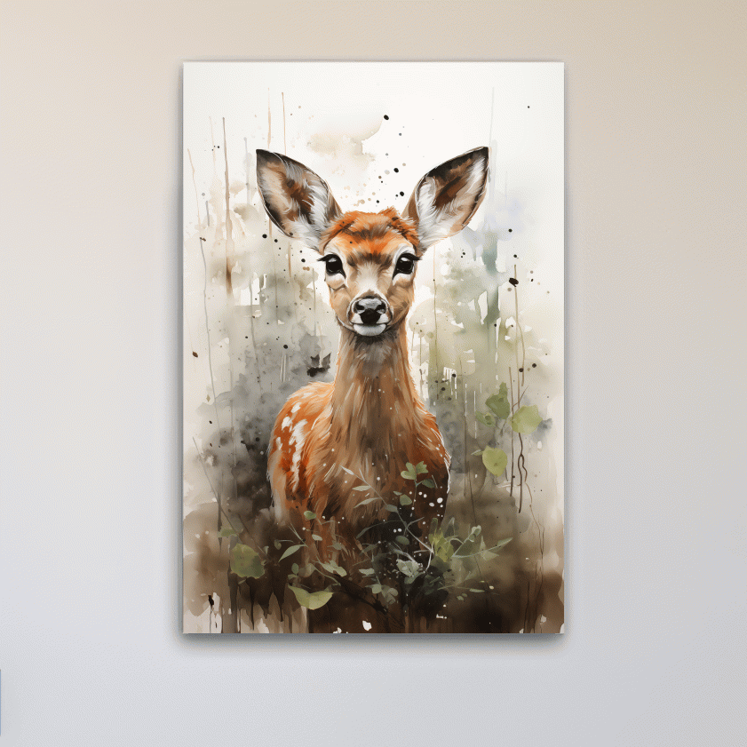 Watercolor fawn wall art, delicate forest setting artwork