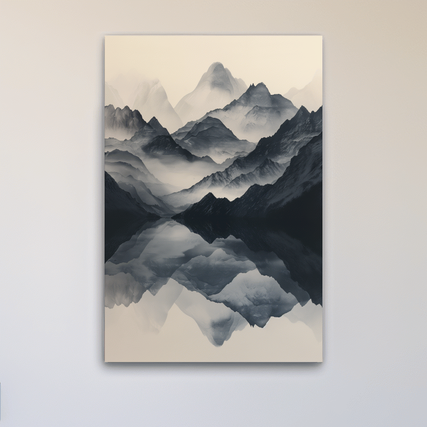 Monochrome Misty Mountain Reflection Landscape - Minimalist Japandi Wall Art