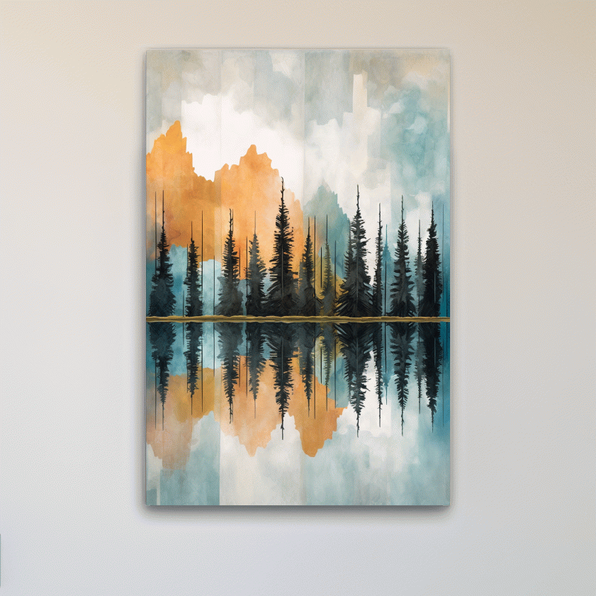 Abstract watercolour painting of trees along a lake