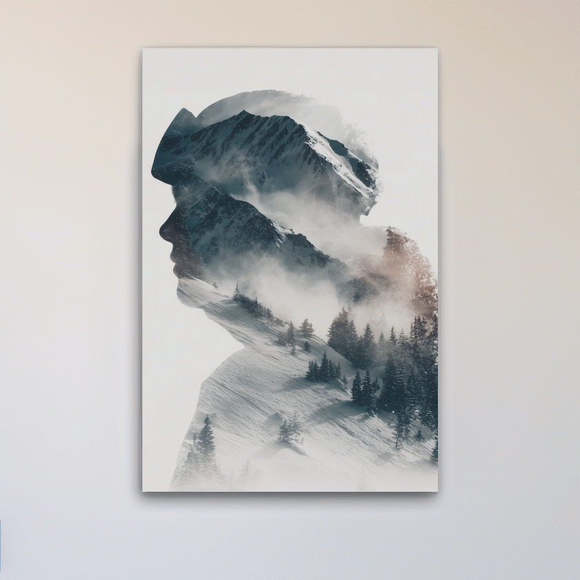 Surreal Double Exposure Skier & Mountain Portrait - Moody Misty Alpine Forest Wall Art
