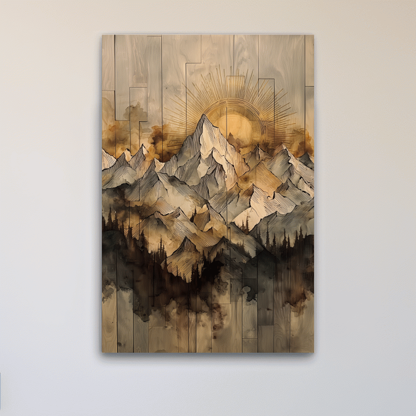 Sunrise Alpine Mountain Range Illustration - Rustic Watercolor Landscape Wall Art