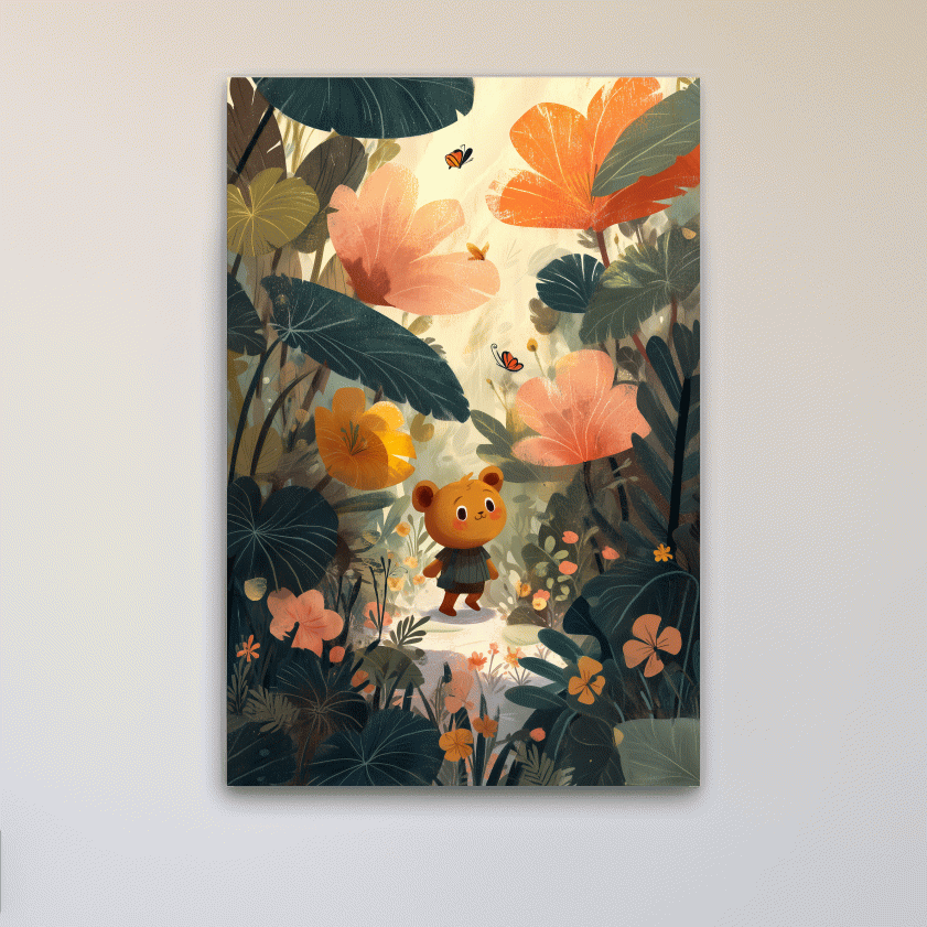 Whimsical Teddy Bear In Enchanted Garden - Cute Childrens Nursery Wall Art