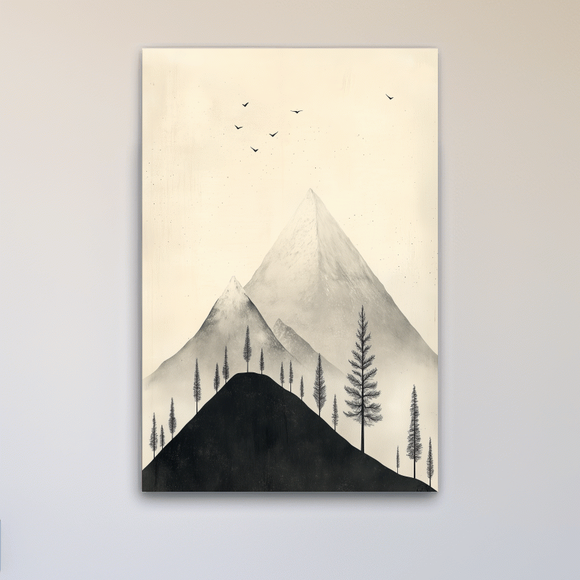 Minimalist Misty Mountain Peaks With Pine Trees - Monochrome Scandinavian Landscape Artwork