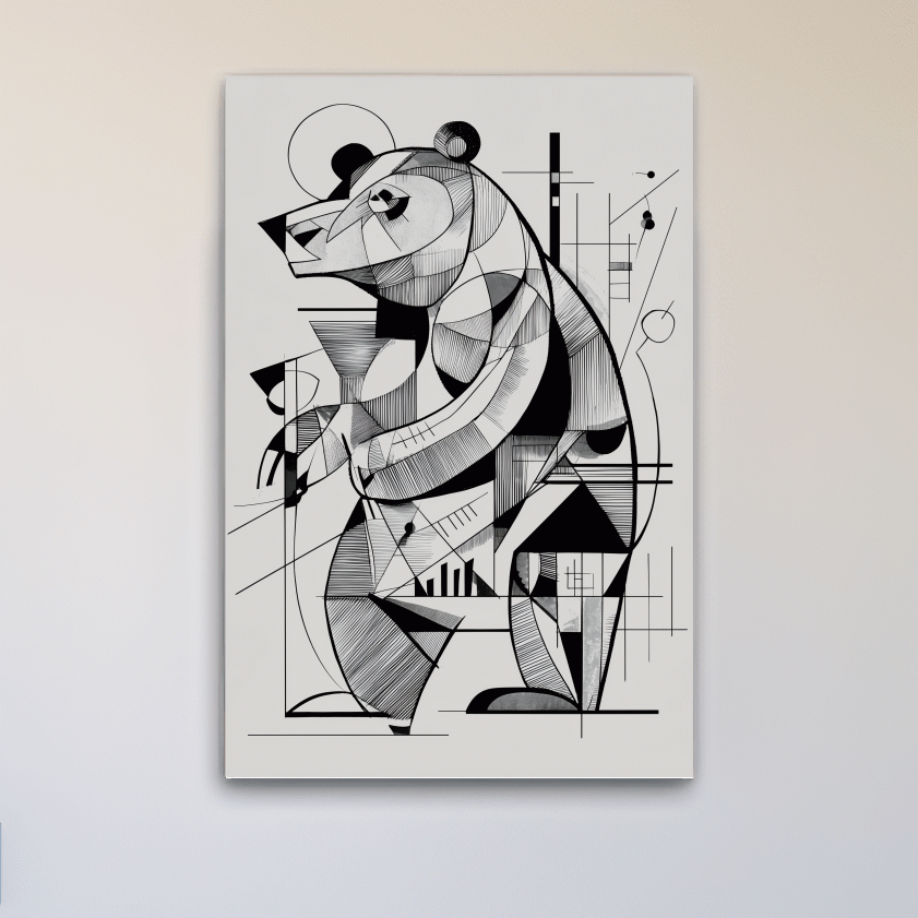 Cubism Abstract Bear Artwork - Modern Black And White Wildlife Wall Art